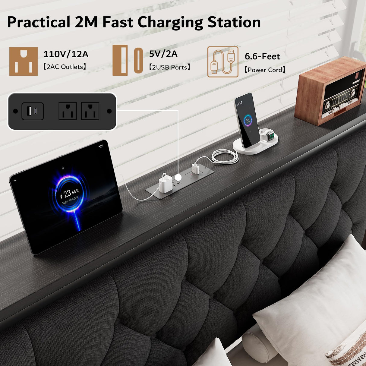 iPormis King Bed Frame with 2 Storage Drawers, Linen Upholstered Headboard Platform Bed with Charging Station, No Box Spring Needed, Metal Slats Support, Noise-Free, Easy Assembly, Black iPormis