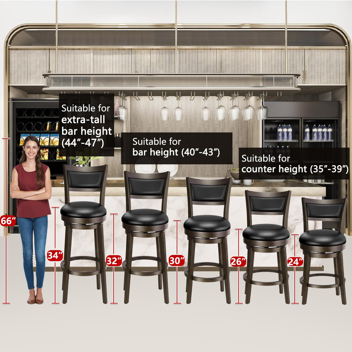 PrimeZone Swivel Bar Stools Set of 2, 30 Inch Bar Height Barstools, Black Faux Leather Bar Stool with High Backrest & Solid Wood Legs & Wrap-Around Footrest, Counter Stools for Kitchen Island, Pub PrimeZone