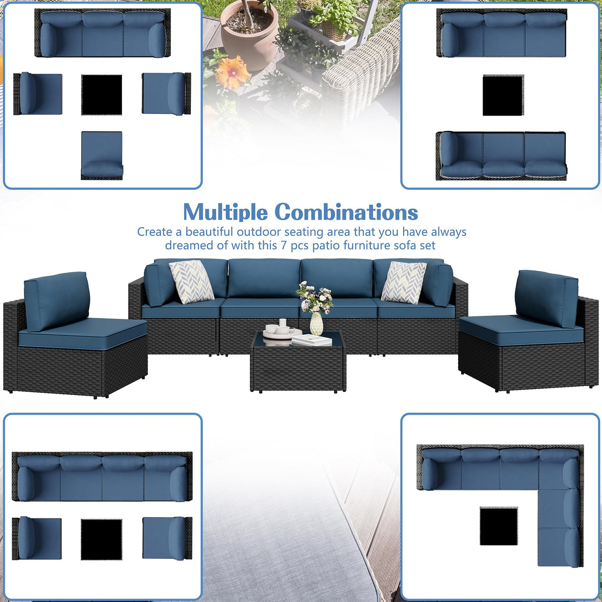 Shintenchi 7 Pieces Outdoor Patio Sectional Sofa Couch, Wicker Furniture Patio Conversation Sets with Washable Cushions & Coffee Table for Garden, Poolside, Backyard (Aegean Blue) Shintenchi
