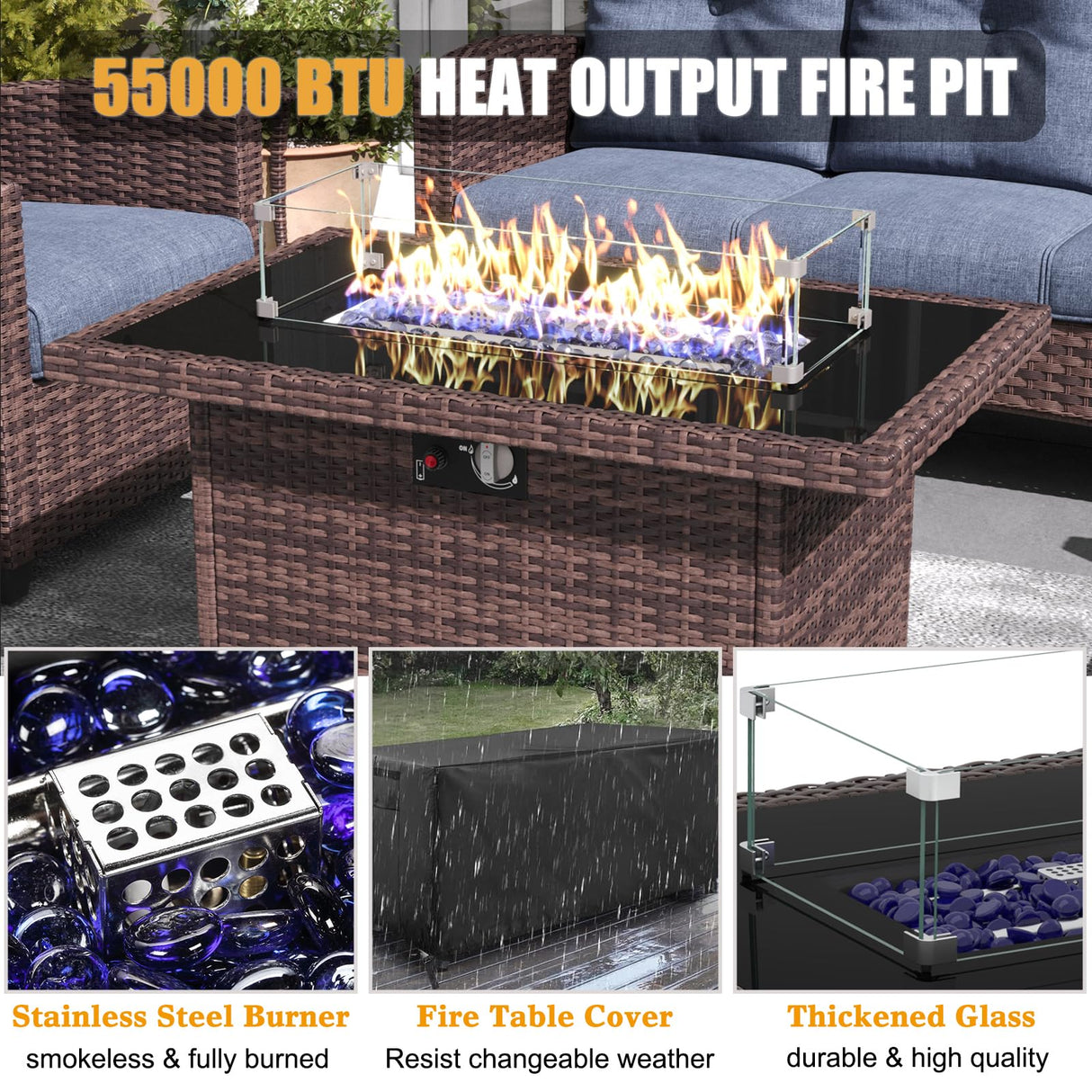 LayinSun 10 Pieces Patio Furniture Set with Swivel Chairs, Rattan Wicker Rocking Glide Chairs with 44" Propane Gas Fire Pit Table Conversation Set LayinSun
