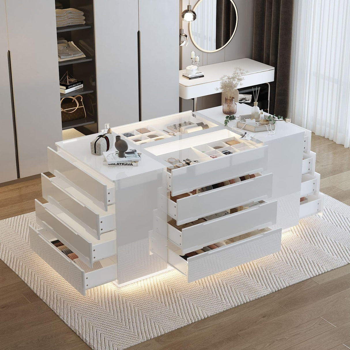 TAMUNE Armoire Bedroom Island Wardrobe Closet Island with 16 Drawers & Glass Tabletop, Island Dresser with Jewelry Organizer, Closet Island for Cloakroom White (63”W x 31.5”D x 31.5”H) TAMUNE