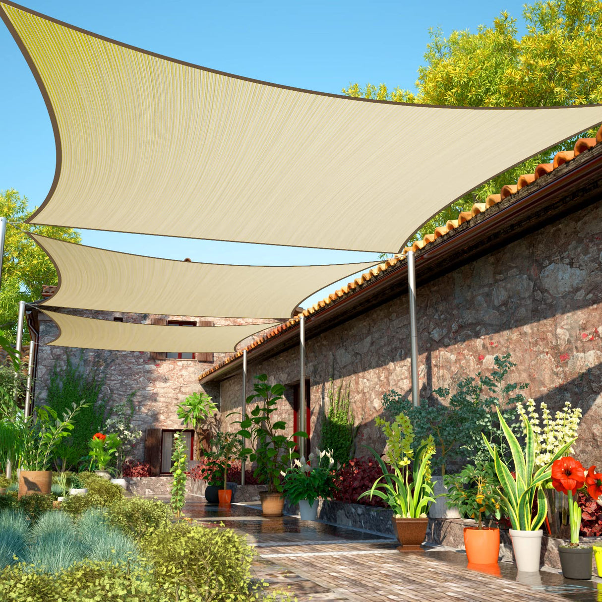 ShadeMart 8' x 14' Beige Sun Shade Sail Rectangle Canopy Fabric Cloth Screen, Water and Air Permeable & UV Resistant, Heavy Duty, Carport Patio Outdoor - (We Customize Size) SMSL ShadeMart