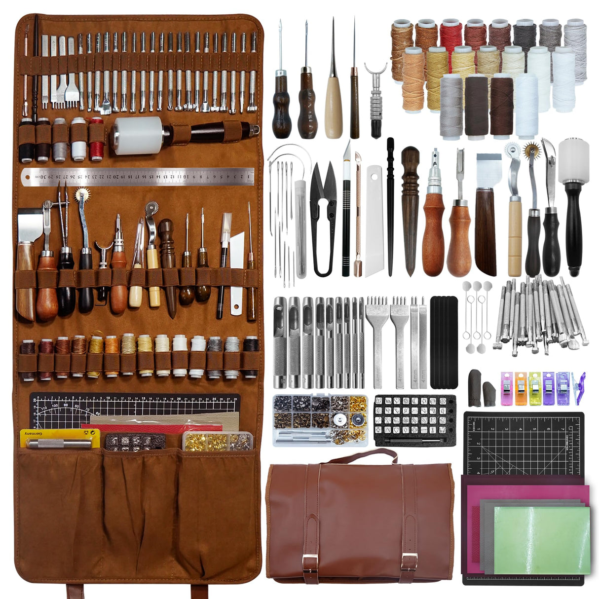 FIOQE 588Pcs Leather Craft Kit with 52 Stamps, 15 Wax Threads, Cutting Mat, 100+ Tools - DIY Leatherworking Set for Bag, Belt, Jacket - Engraving, Punching, Sewing, Stamping Tools for Beginners & Pros Fioqe