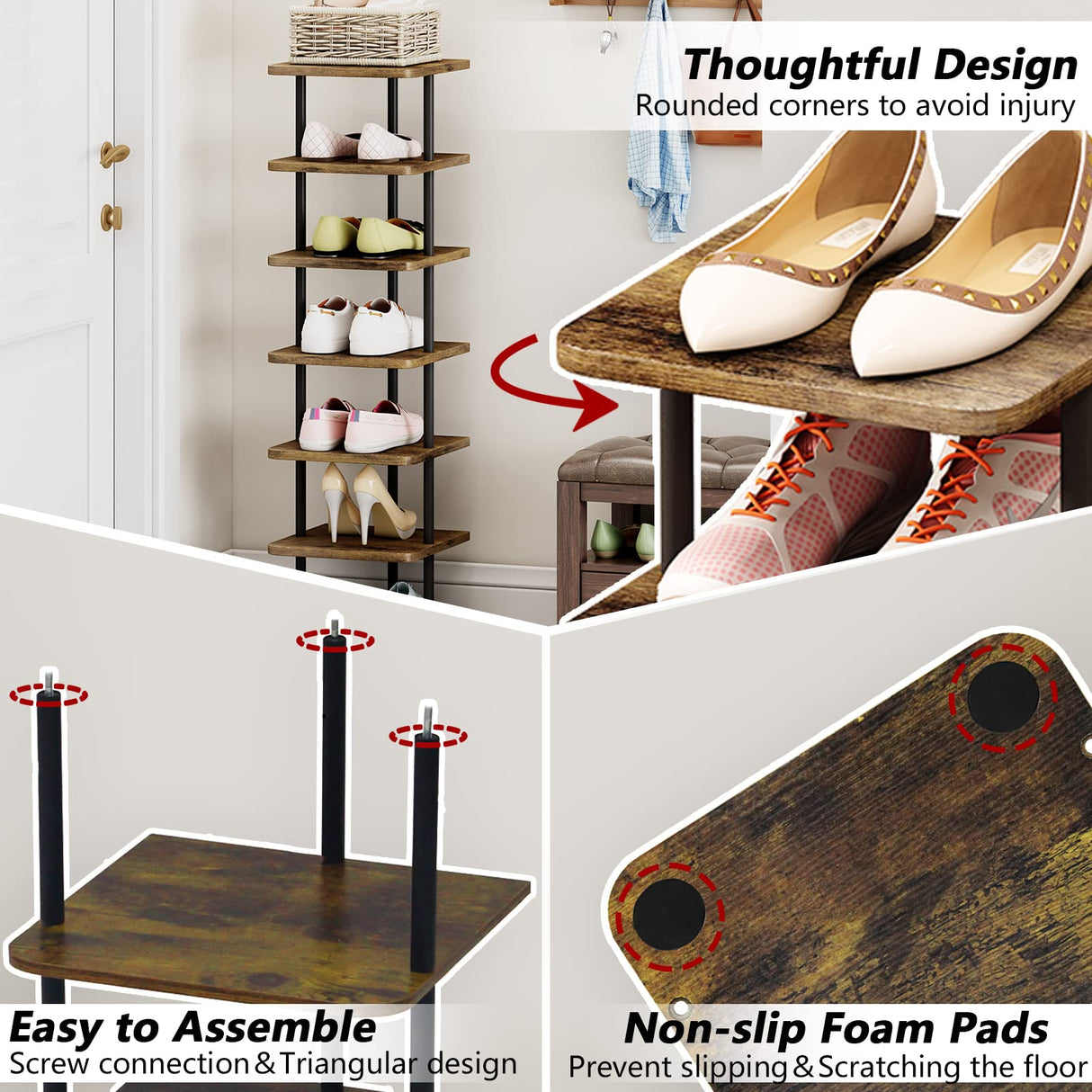 AZERPIAN Shoe Rack 7 Tier Vertical Storage Organizer Narrow Metal Slim Shelf Modern Free Standing Shoe Tower Saving Space for Closet Entryway Bedroom,Black+Rustic Brown AZERPIAN