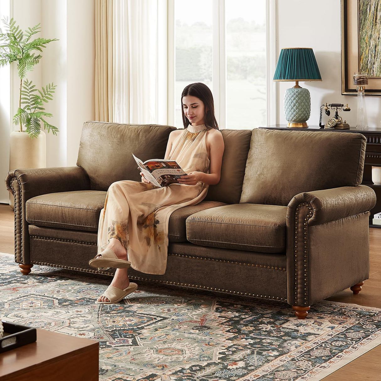 ONBRILL 84" Faux Leather Couch, Mid-Century Modern Couch w/Brass Nailhead Trim, 3 Seater Sofa Couch w/Rolled Arm, Pocket Spring Cushions, Gourd Feet, Dark Brown Couch Leather Sofas for Living Room ONBRILL