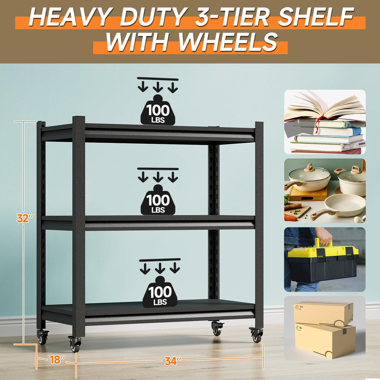 TOPASS Workbench on Wheels, Adjustable Heavy Duty Work Table with Wheels, Heavy Duty Workstation, Metal Tool Work Bench for Garage Warehouse Workshop, 32" H x 18" D x 34" W Topass