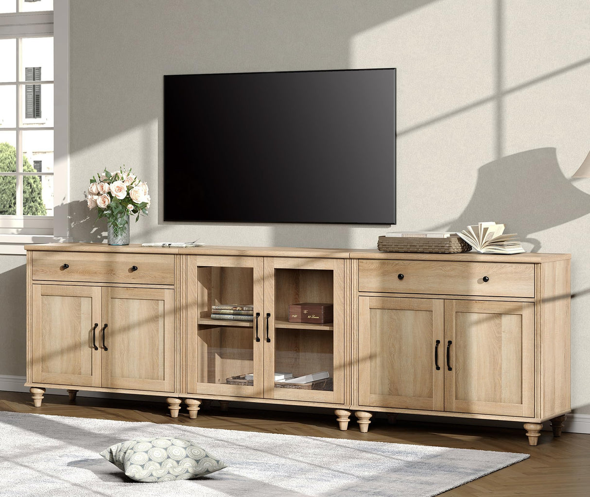 WAMPAT Farmhouse TV Stand for 100 Inch TV, 3-in-1 TV Console Table for 75/80/85/90 Inch TV, Entertainment Center with Glass & Wood Door, Kitchen Sideboard Buffet Cabinet for Dining Room, Oak WAMPAT