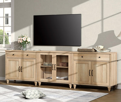 WAMPAT Farmhouse TV Stand for 100 Inch TV, 3-in-1 TV Console Table for 75/80/85/90 Inch TV, Entertainment Center with Glass & Wood Door, Kitchen Sideboard Buffet Cabinet for Dining Room, Oak