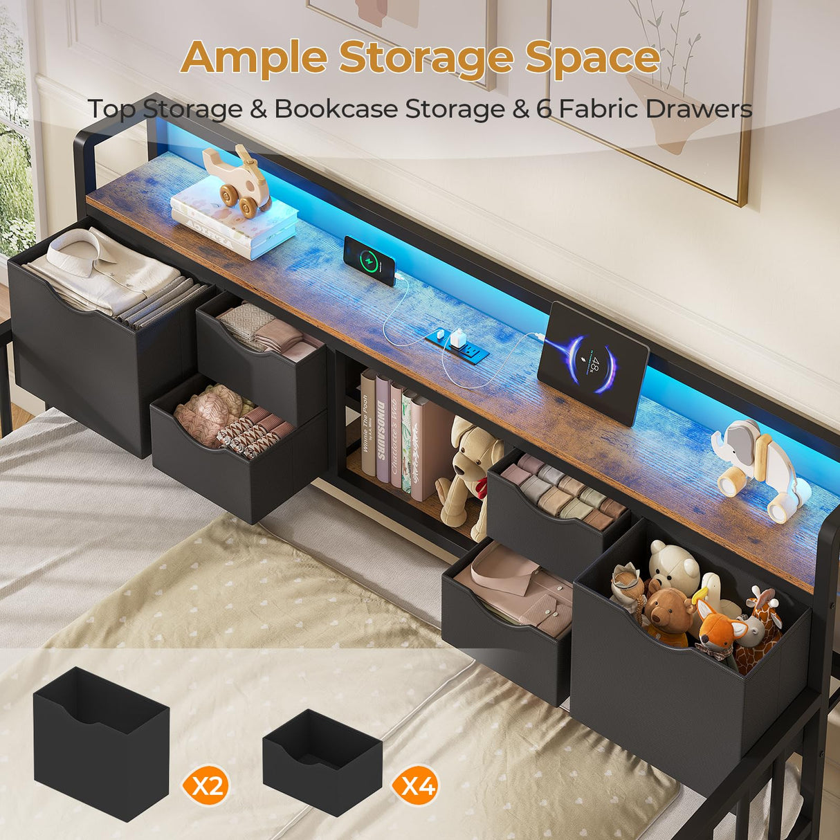 ADORNEVE Daybed with Trundle, Twin Day Bed with Storage Headboard & Charging Station, Height Adjustable Metal Trundle Bed Twin, Sofa Bed Frame for Living Room, Bedroom and Guest Room, Black ADORNEVE