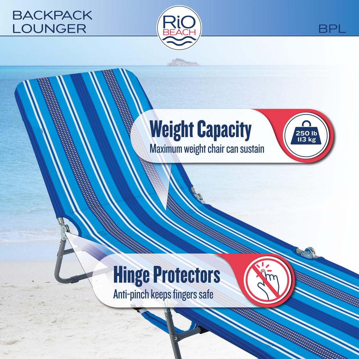 Rio Beach Portable Lay Flat Folding Backpack Beach Lounge Chair with Backpack Straps and Storage Pouch, Blue and Red Rio Brands