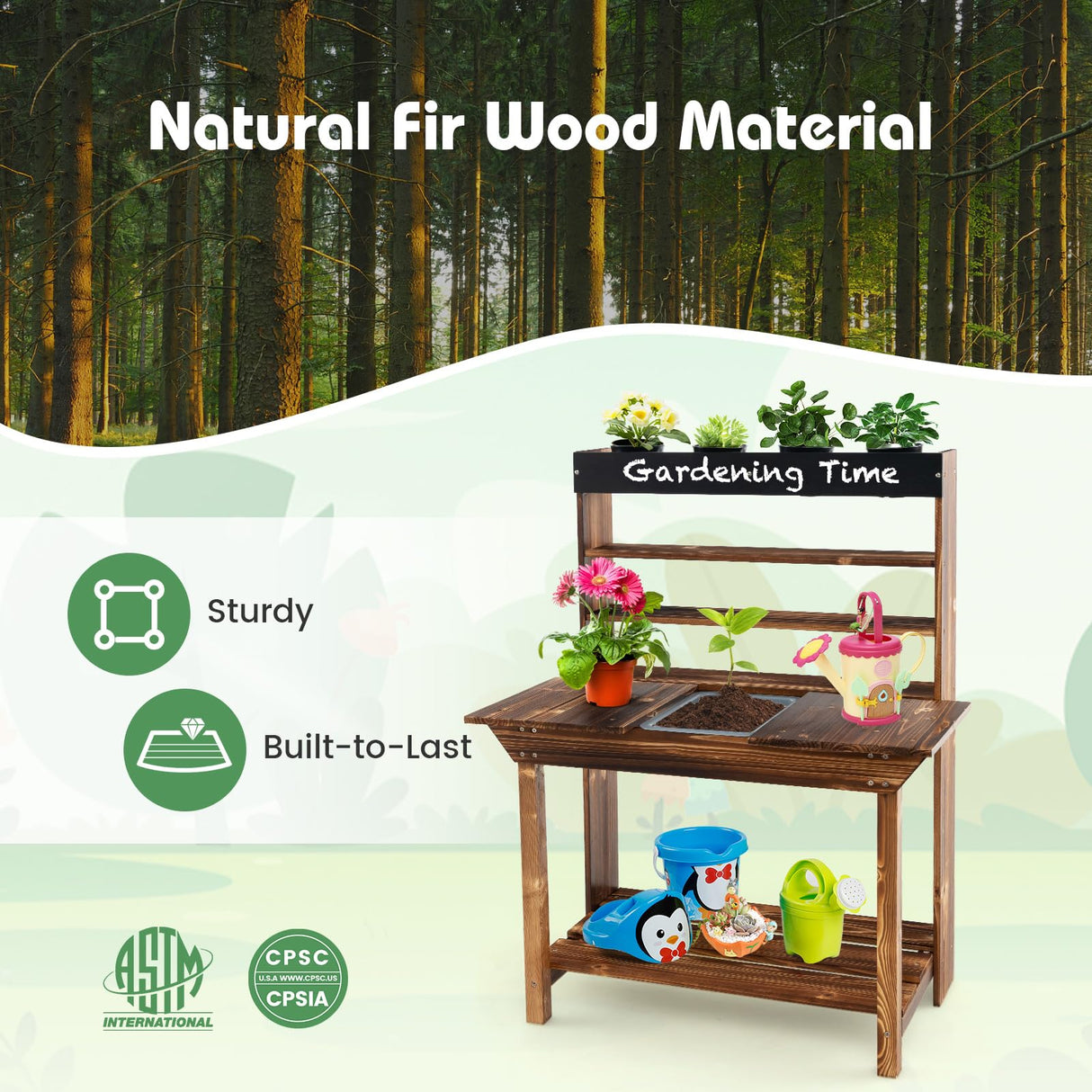 HONEY JOY Kids Potting Bench Table, Fir Wood Garden Potting Benches for Outside, Removable Sink, 4 Flower Pots, Chalkboard, Children Planting Table Work Bench, Mud Kitchen for Kids Outdoor Backyard HONEY JOY