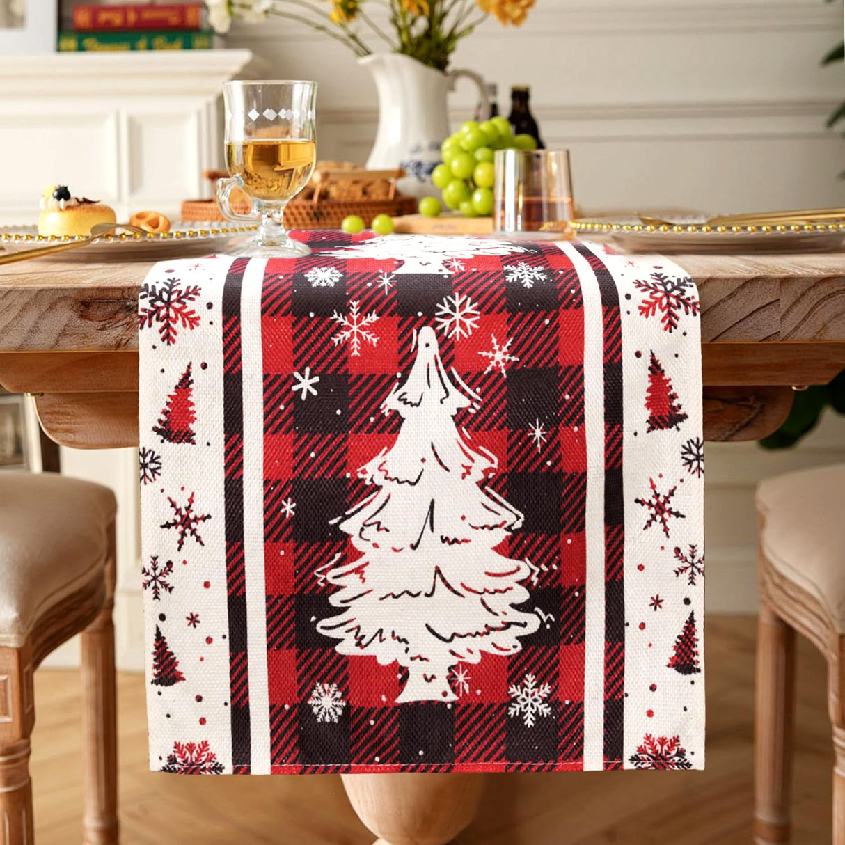 Buffalo Plaid Christmas Tree Christmas Table Runner, Red Winter Holiday Kitchen Dining Christmas Table Decoration for Indoor Outdoor Home Party Decor 13x72 Inch (Christmas Tree) Lapensa
