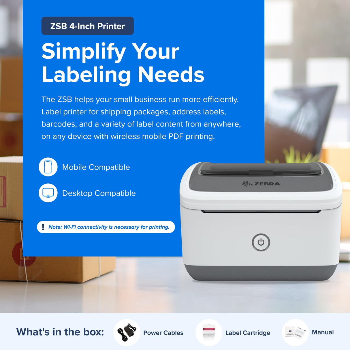 ZEBRA ZSB Series Thermal Label Printer 4" 300 dpi, Wi-Fi Printing, Supports UPS/USPS/FedEx, Barcodes, Custom & Shipping Labels, Print Anywhere, 4x6 Home & Office Shipping Label Printer ZEBRA