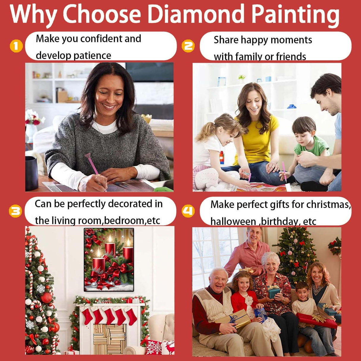 Christmas Diamond Art Kits for Adults - Christmas Candles 5D Diamond Painting, Candles Gem Art for Adults, Gem Painting Kits for Wall Home Decor Arts Craft 12x16inch ajepon