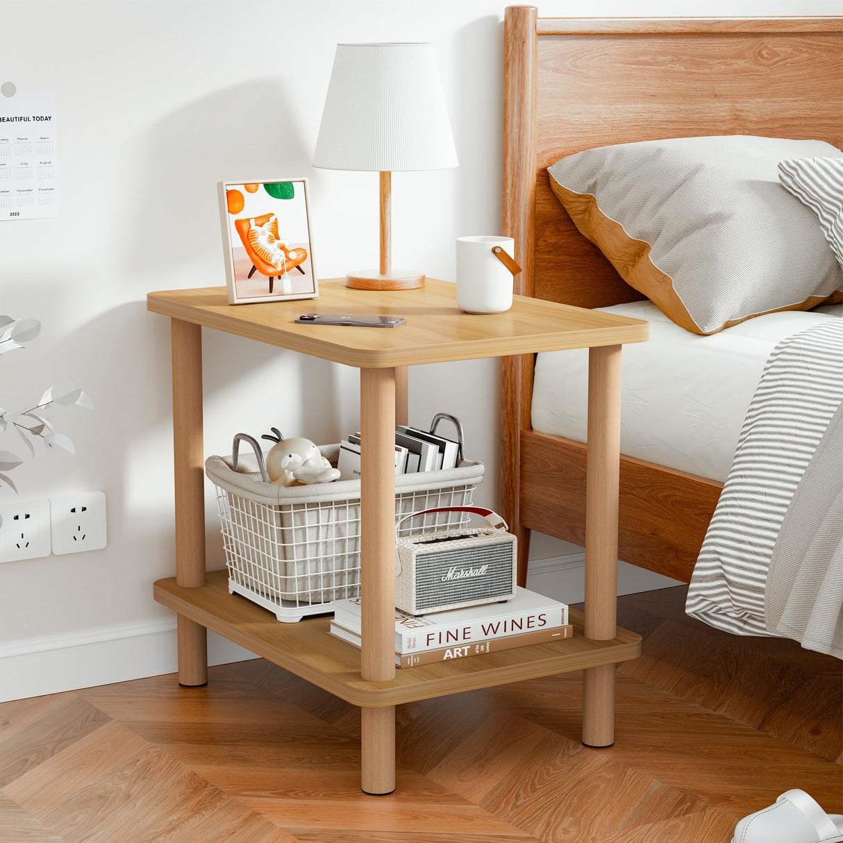 2 Tier End Table Low Table with Solid Wood Legs, Small Coffee Table Side Table, Boho Bedside Table with Storage Shelf, Nightstand for Small Spaces, Bedroom, Living Room, Entryway, Farmhouse, Natural