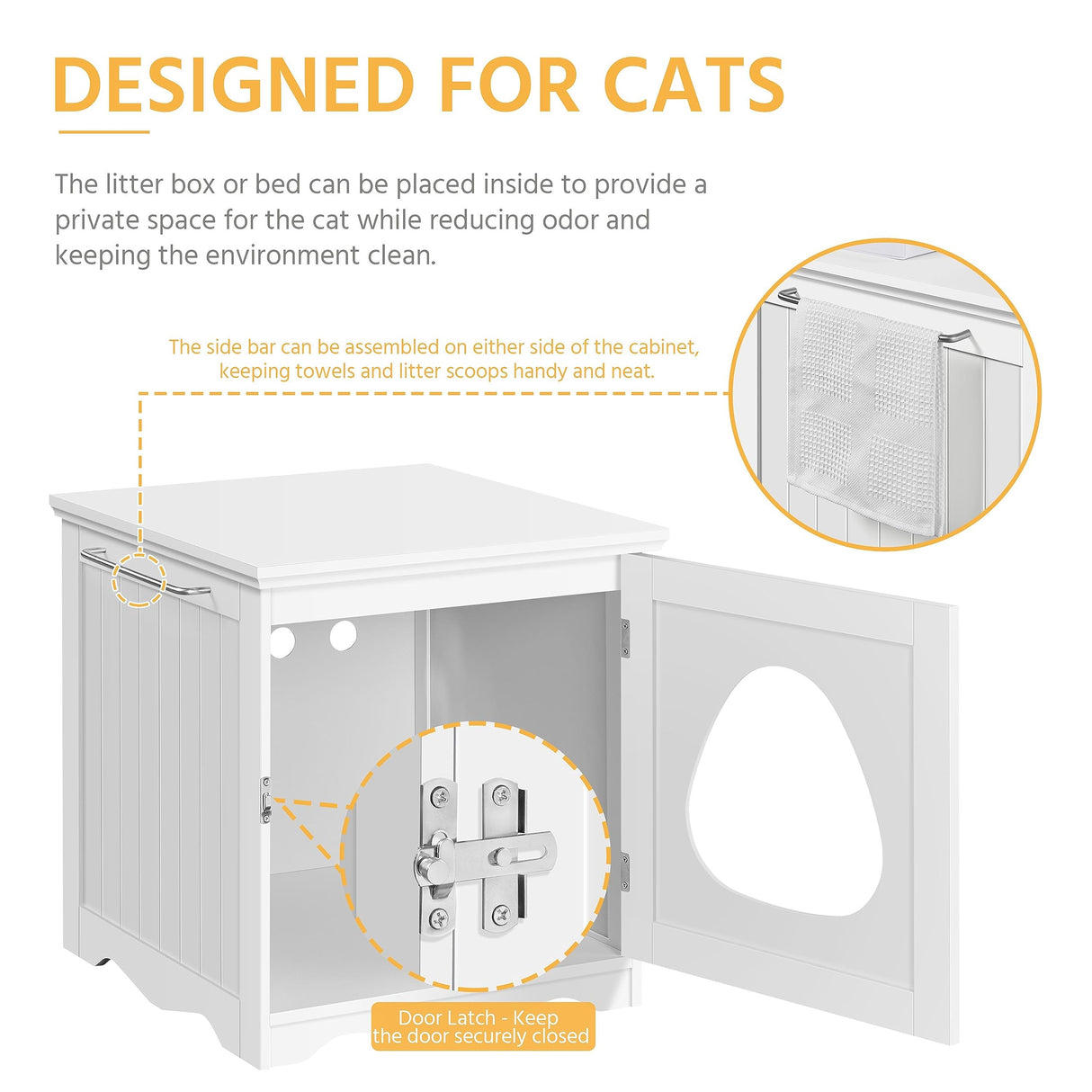 Yaheetech Cat Litter Box Enclosure, Litter Box Furniture Hidden with Towel Bar, Wooden Cat Washroom, Dog Proof Cat Litter Box Cabinet, Indoor Cat House, Side End Table, White Yaheetech