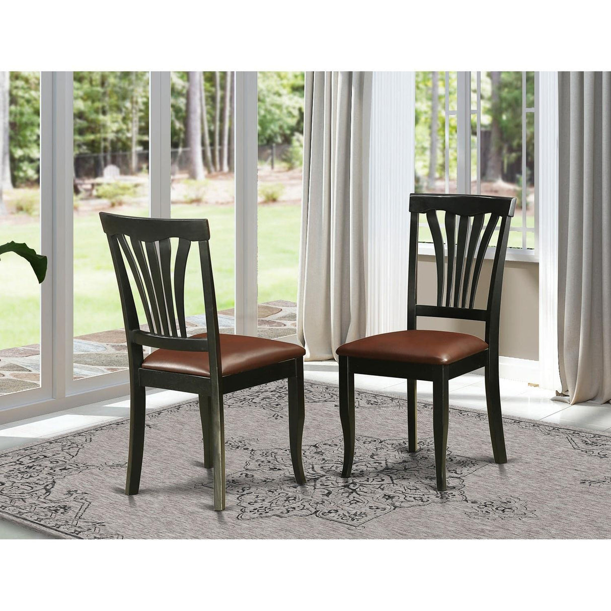 East West Furniture Avon Dining Faux Leather Upholstered Wooden Chairs, Set of 2, Black East West Furniture