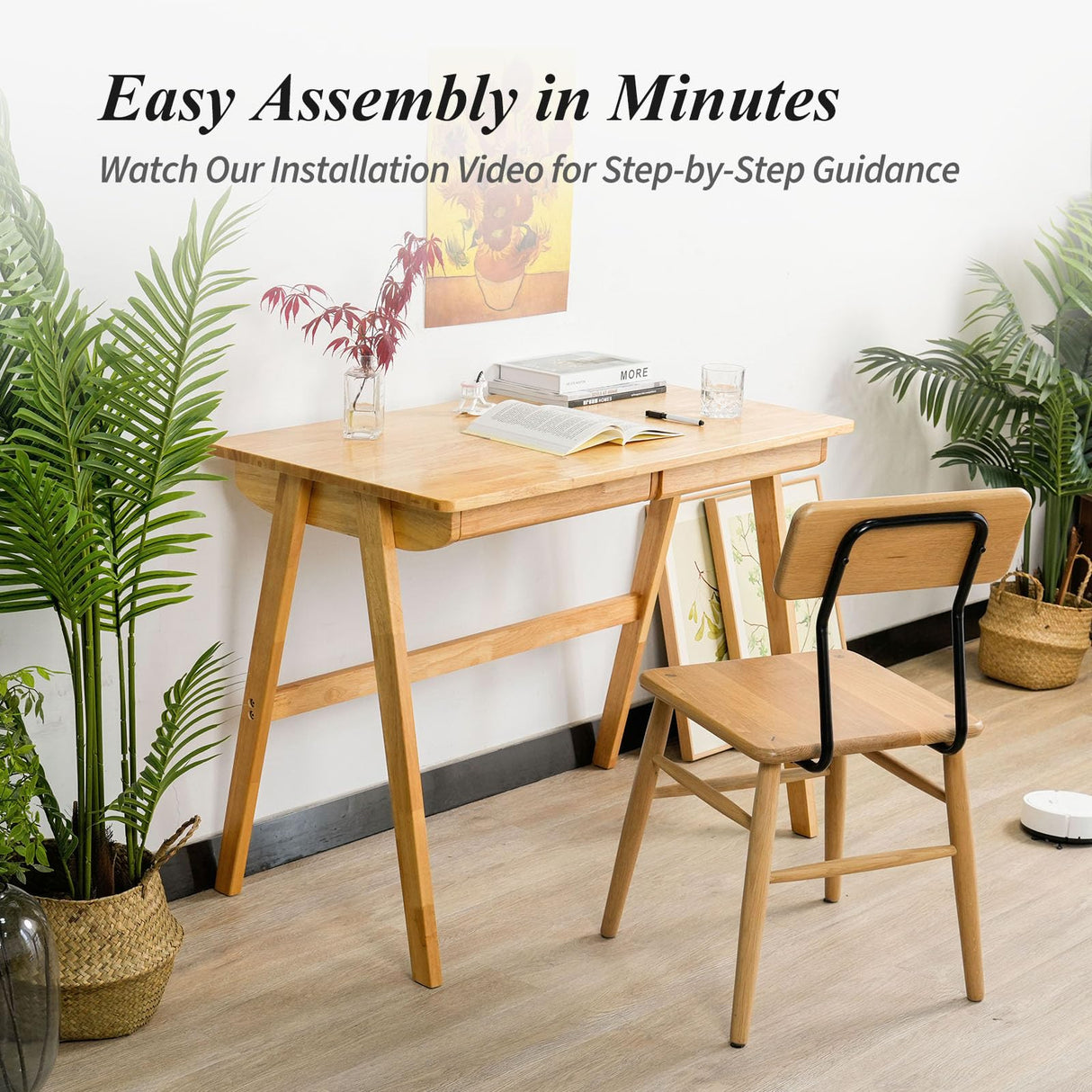 Cttasty Computer Desk with Drawers, Solid Wood Writing Desk, Mid Century Modern Home Office Desks, Oak Study Table, Small Desk for Bedroom, 29.1 H x 39.4 W x 21.7 D Inches, Natural Cttasty