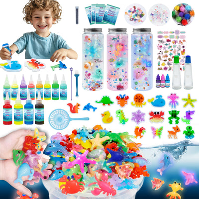 Make 3 Sensory Bottle, Glow-in-The-Dark Magic Gel Water Fairy Toy, DIY 100+ Aqua Water Squishy kit with 18 Shape Molds, 100ml Gels, 5L Bucket, Shell, Glitter, Pom-Poms, Arts Crafts for Kids