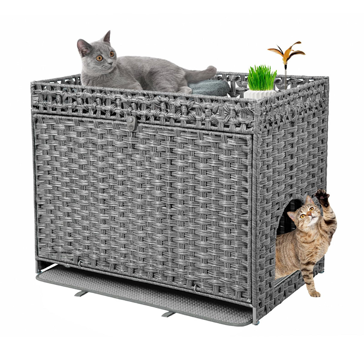 DOVEAID Cat Litter Box Enclosure Furniture Hidden, Pet House Litter Box Furniture for Large Cats, Handwoven Rattan with Door Cat Washroom Box, Indoor Cat House Storage with Soft Litter Mat, Grey DOVEAID
