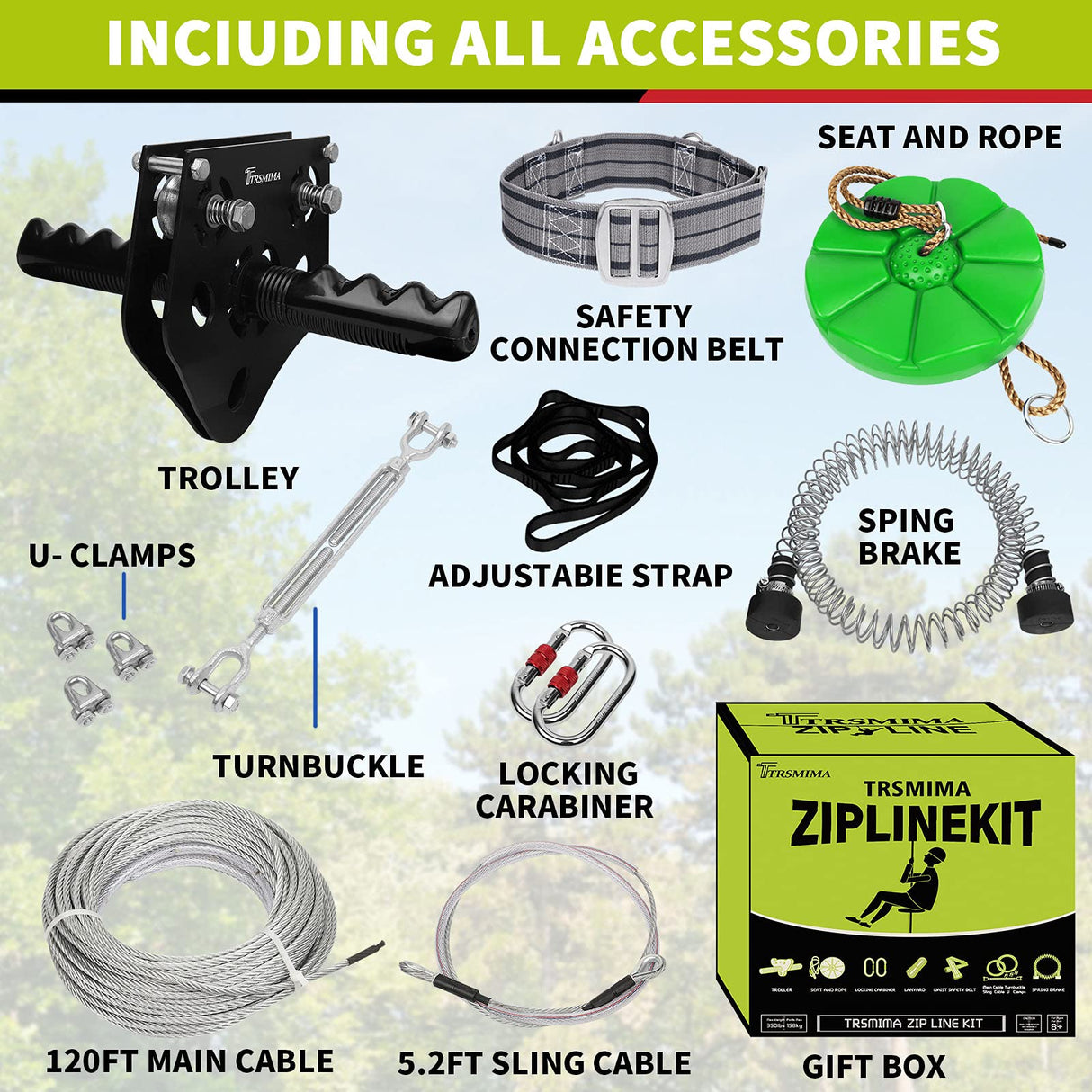 100ft /120ft /150ft Zip Line Kit for Kids and Adult Up to 330 lb with Zipline Spring Brake and Safety Harness, Zip line Trolley with Handle and Thickened Seat,for Backyard Playground Entertainment TT TRSMIMA