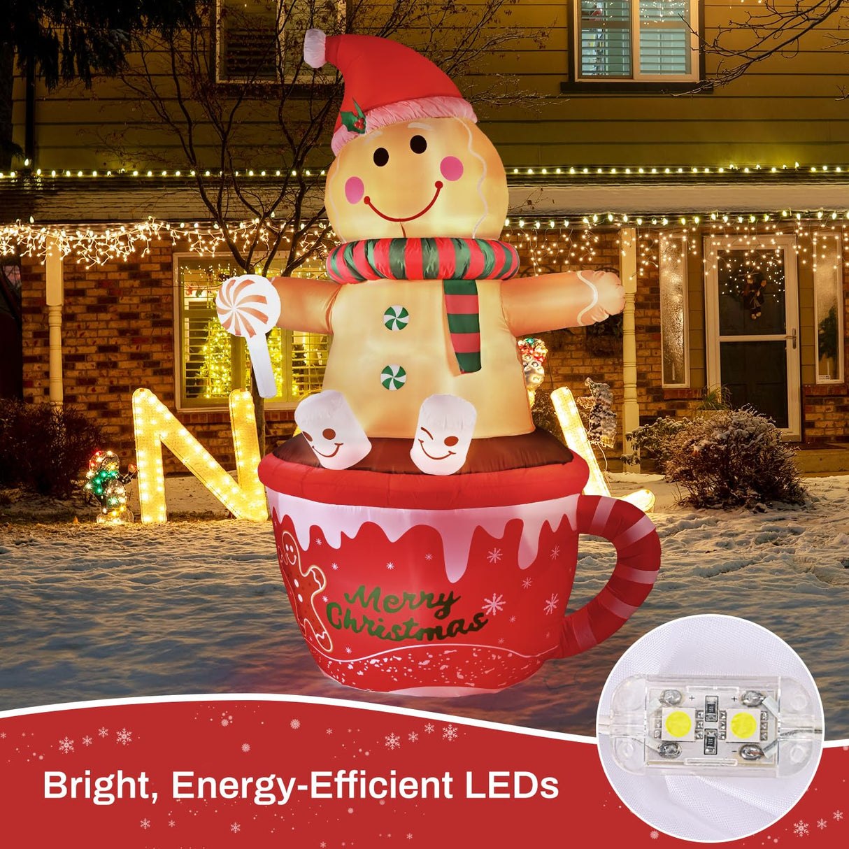 7.5 FT Christmas Inflatable Outdoor Decoration, Gingerbread Man Hot Cocoa Cup Christmas Blow up Yard Decorations with Buit-in LEDs, Gingerbread Inflatable Holiday Indoor Outdoor Party Patio Xmas Gifts Pattiumo