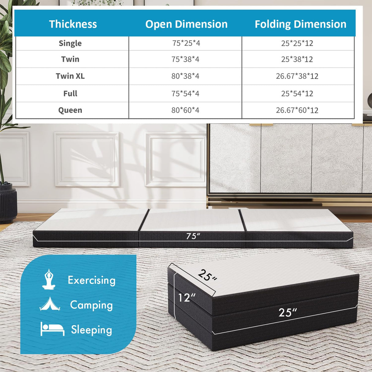 wOod-it Folding Mattress, 4 inch Tri-Fold Memory Foam Mattress Topper for Camping, Foldable Guest Bed, Portable Travel Mat with Washable Cover, 75"×25"×4", White wOod-it