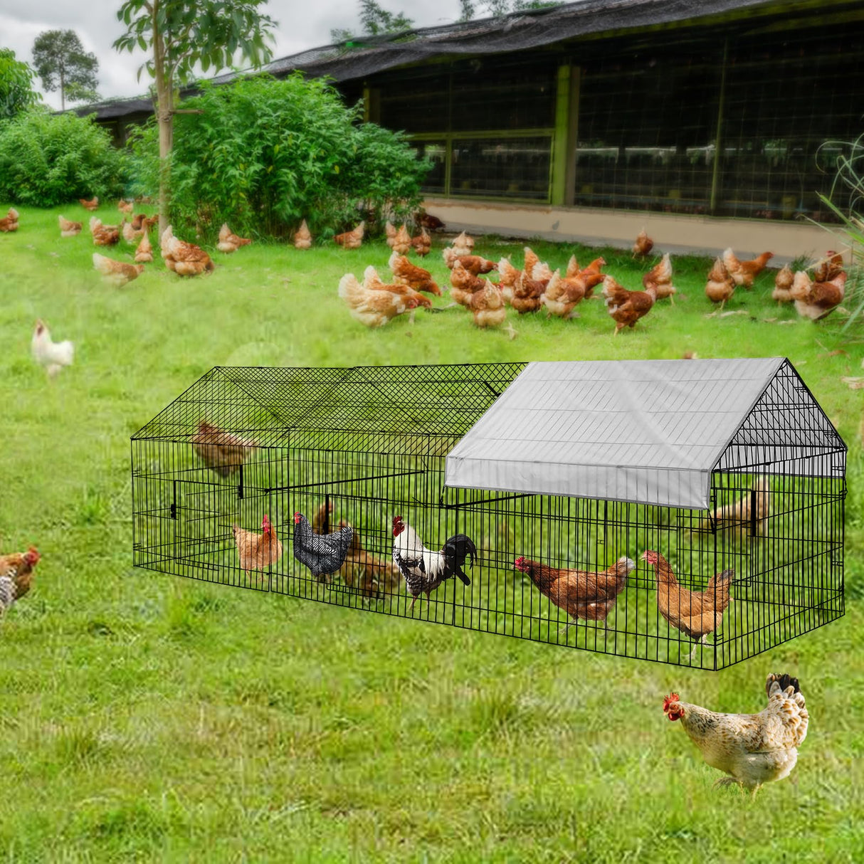 130"x40"x40" Metal Chicken Coop Playpen with Waterproof Cover, Rabbit Duck Large Cage Outdoor Backyard Farm PawGiant