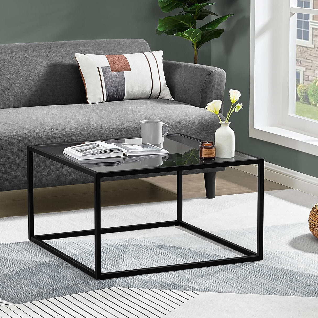 SAYGOER Glass Coffee Table, Small Modern Coffee Table Square Simple Center Tables for Living Room 26.7 x 26.7 x 17.7 Inches, Gray Black SAYGOER