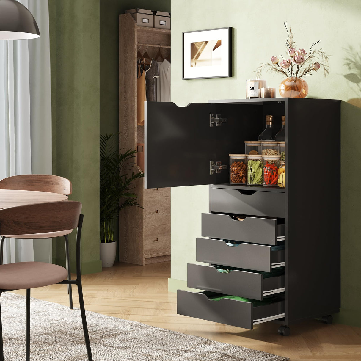 DEVAISE 5-Drawer Wood Dresser with Top Cabinet Storage, Mobile Chest of Drawers, Wide Storage Space for Home Office, Black DEVAISE