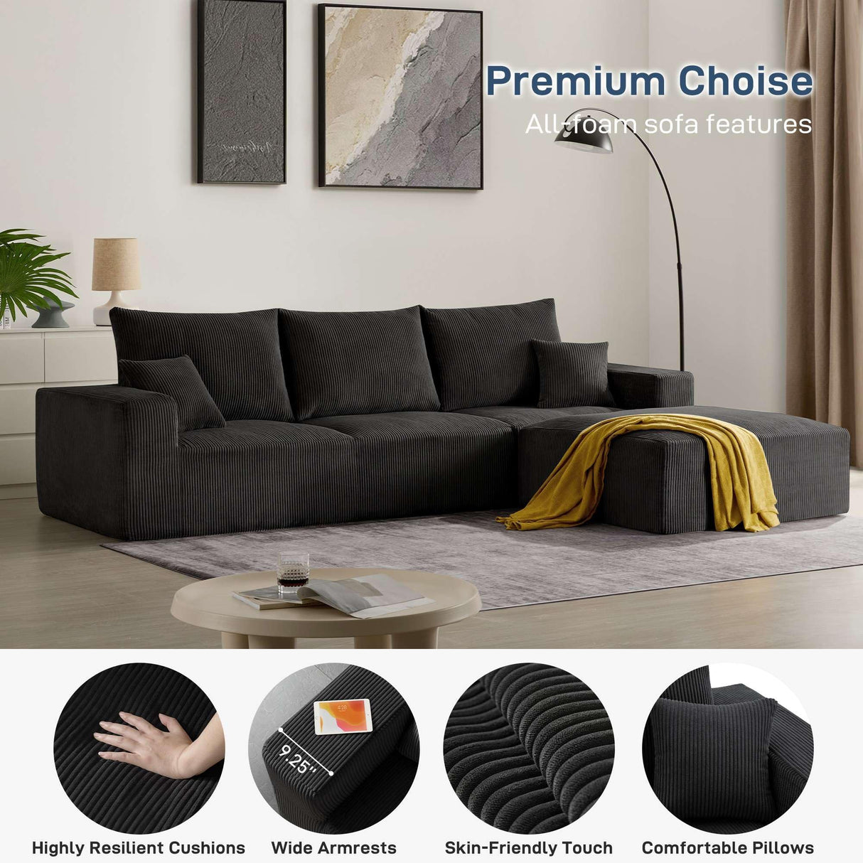 Sectional Modern Sleeper Sofa Couches for Living Room-113'' Black 3 Seater U-Shaped Lounge Cloud Couch-No Assembly Modular Corduroy Convertible Sponge Compression Sofas with Chaise for Home House Living&Giving