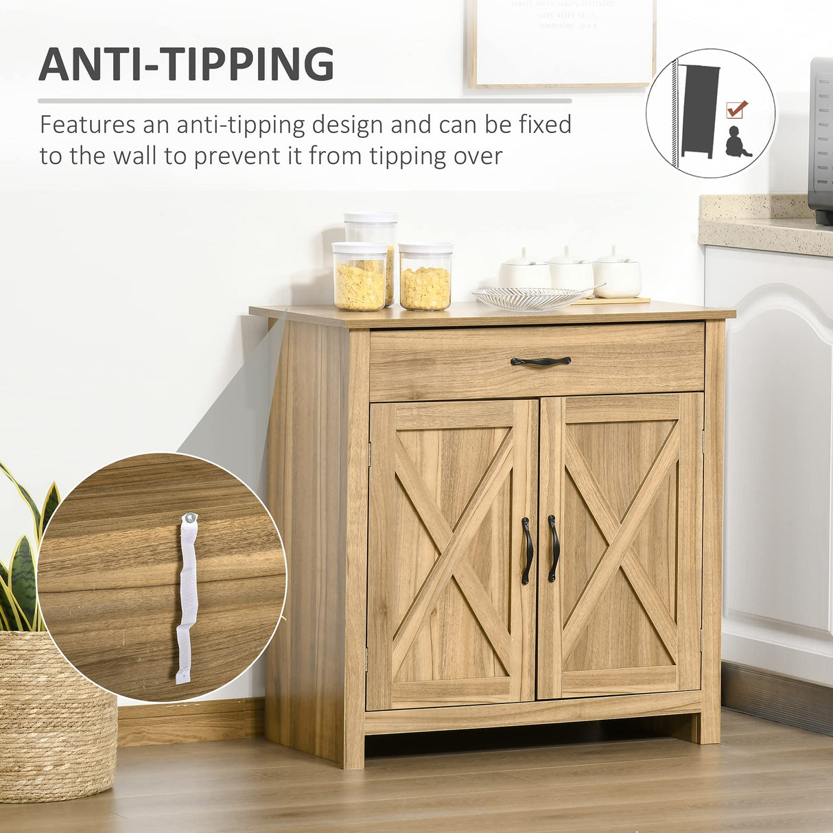 HOMCOM Farmhouse Sideboard Buffet Cabinet, Barn Door Coffee Bar Cabinet with Drawer and Adjustable Shelf, Kitchen Cabinet for Living Room, Entryway, Natural Wood Effect HOMCOM