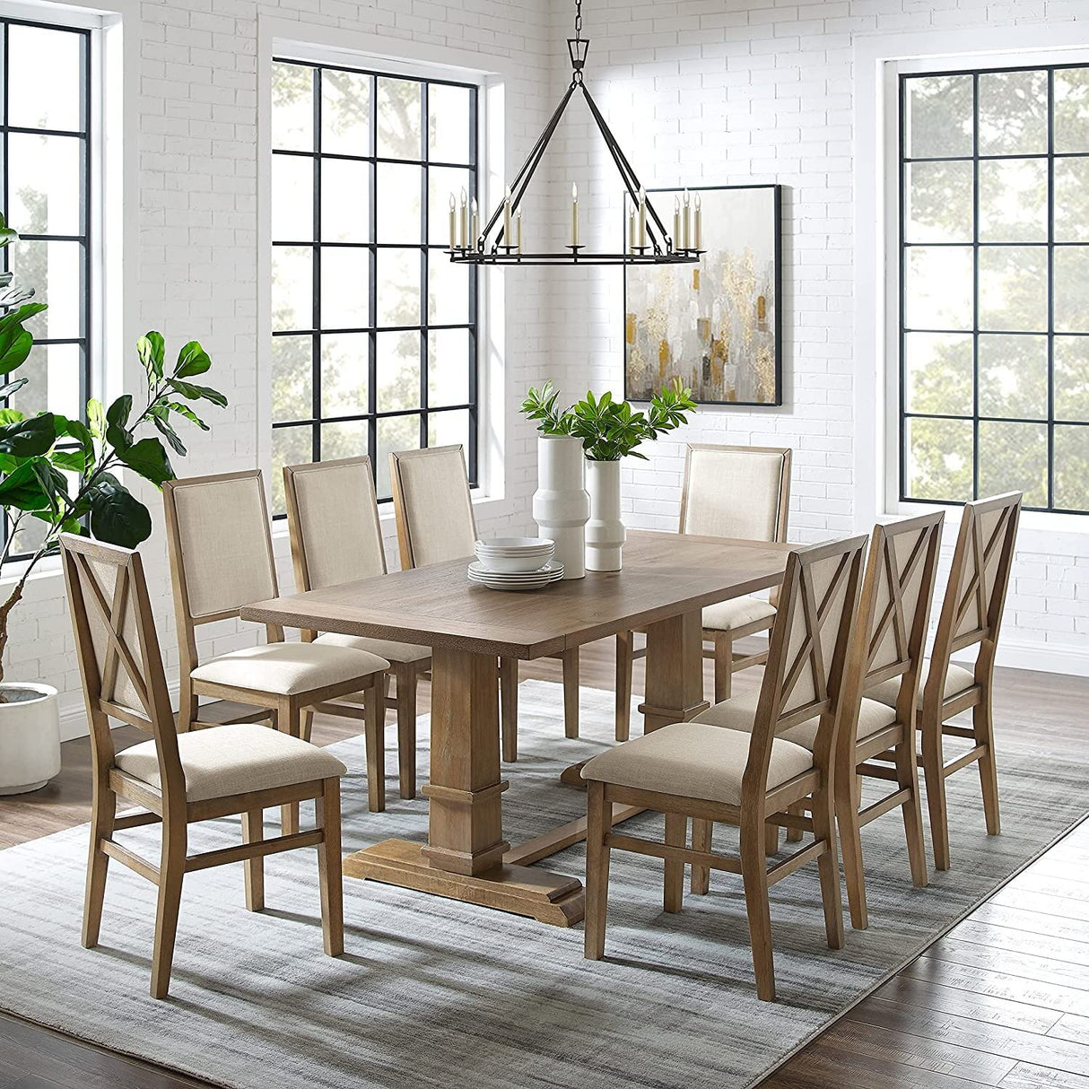 Crosley Furniture Joanna 9-Piece Modern Farmhouse Dining Table Set for 8 with Upholstered Chairs, Rustic Brown/Creme Crosley Furniture