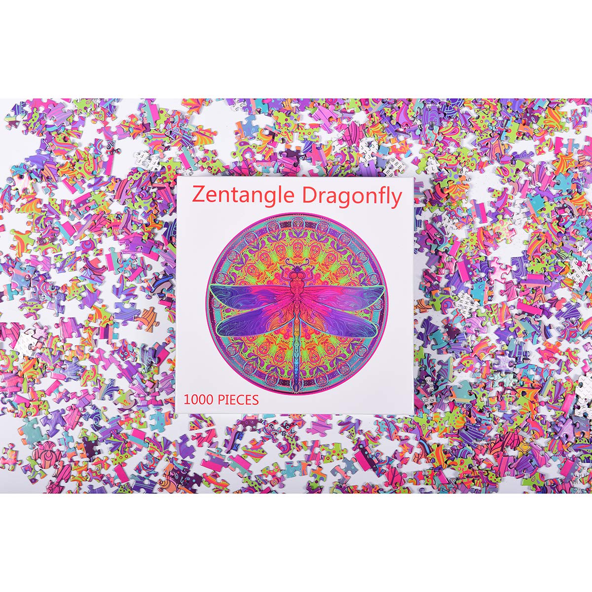 Bgraamiens Puzzle-Zentangle Dragonfly-1000 Pieces Vivid Dragonfly Round Mandala Puzzle Color Challenge Jigsaw Puzzles Bgraamiens