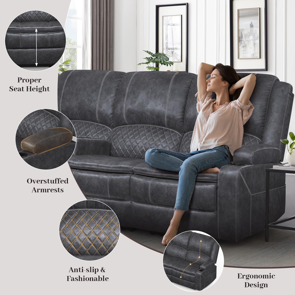 Yolsali 3-Seater Recliner Sofa, Manual Reclining Couch with Multi-Functional Middle Seat, Reclining Sofa for Living Room with Hidden Storage Space, Cup Holders, and Removable Console - Grey Yolsali