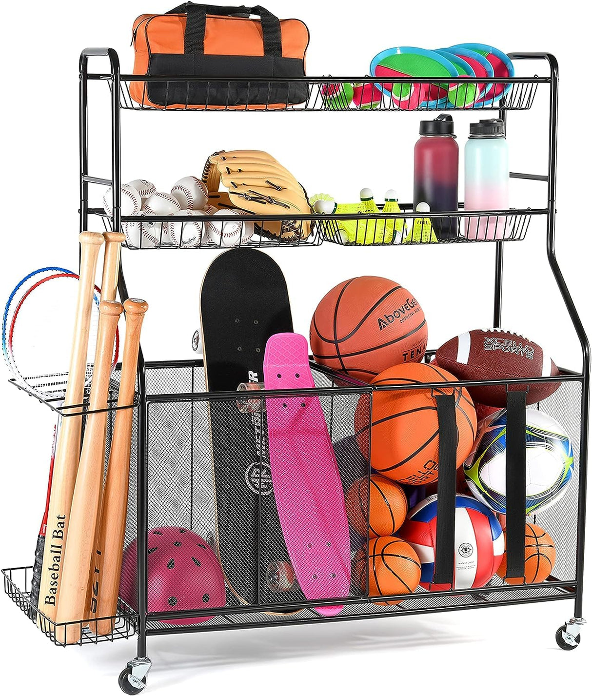 HOME IT Garage Sports Equipment Organizer - Garage Ball Storage Rack Organizer Holder with Baskets, Rolling Wheels & Breaks - Large Capacity Heavy Duty Steel Ball Storage Cart HOME IT