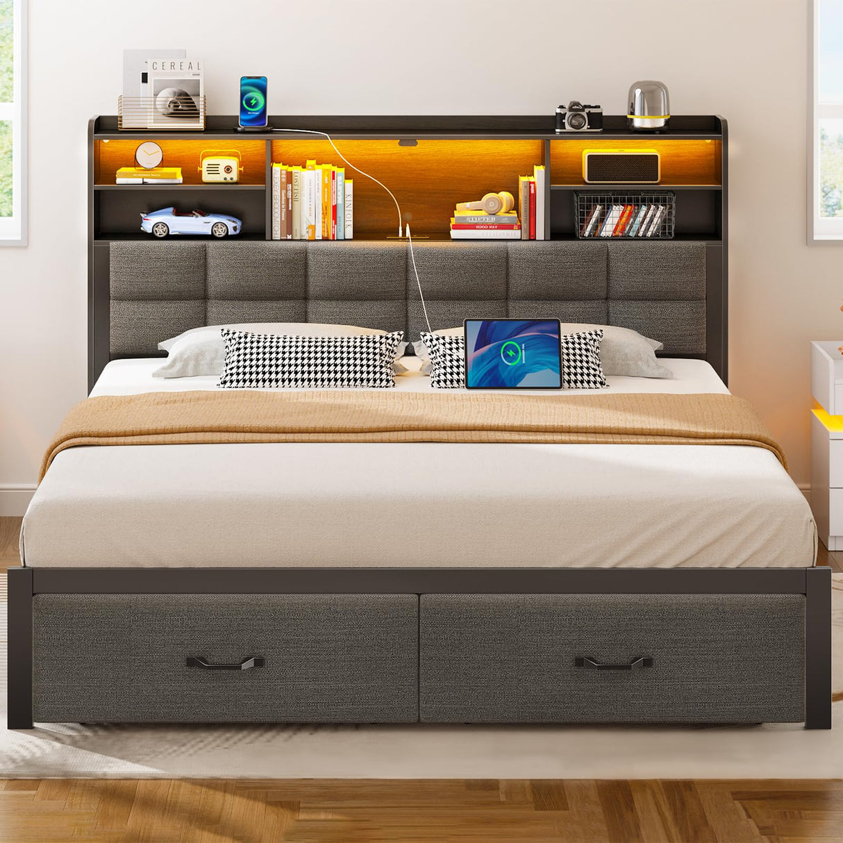 Rolanstar Bed Frame Full Size with Drawers and Charging Station, Upholstered Platform Bed with Storage Headboard and LED Light, Heavy Duty Metal Frame Support, No Box Spring Needed, Noise Free, Grey Rolanstar