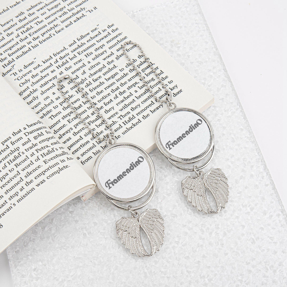 Framendino, 5 Pack Silver Angel Wings Car Hanging Ornament Personalized Car Mirror Hanging Accessories Blank Heat Transfer Photo Frame Keychain for DIY Crafting Framendino