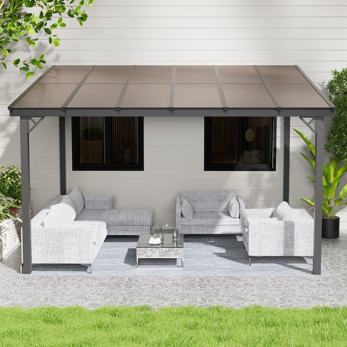 EBE 12' x 10' Gazebo, Wall Mounted Gazebo Pergola on Clearance, Hardtop Lean to Gazebo Awning with Sloped Roof, for Patio, Porch, Deck EBE