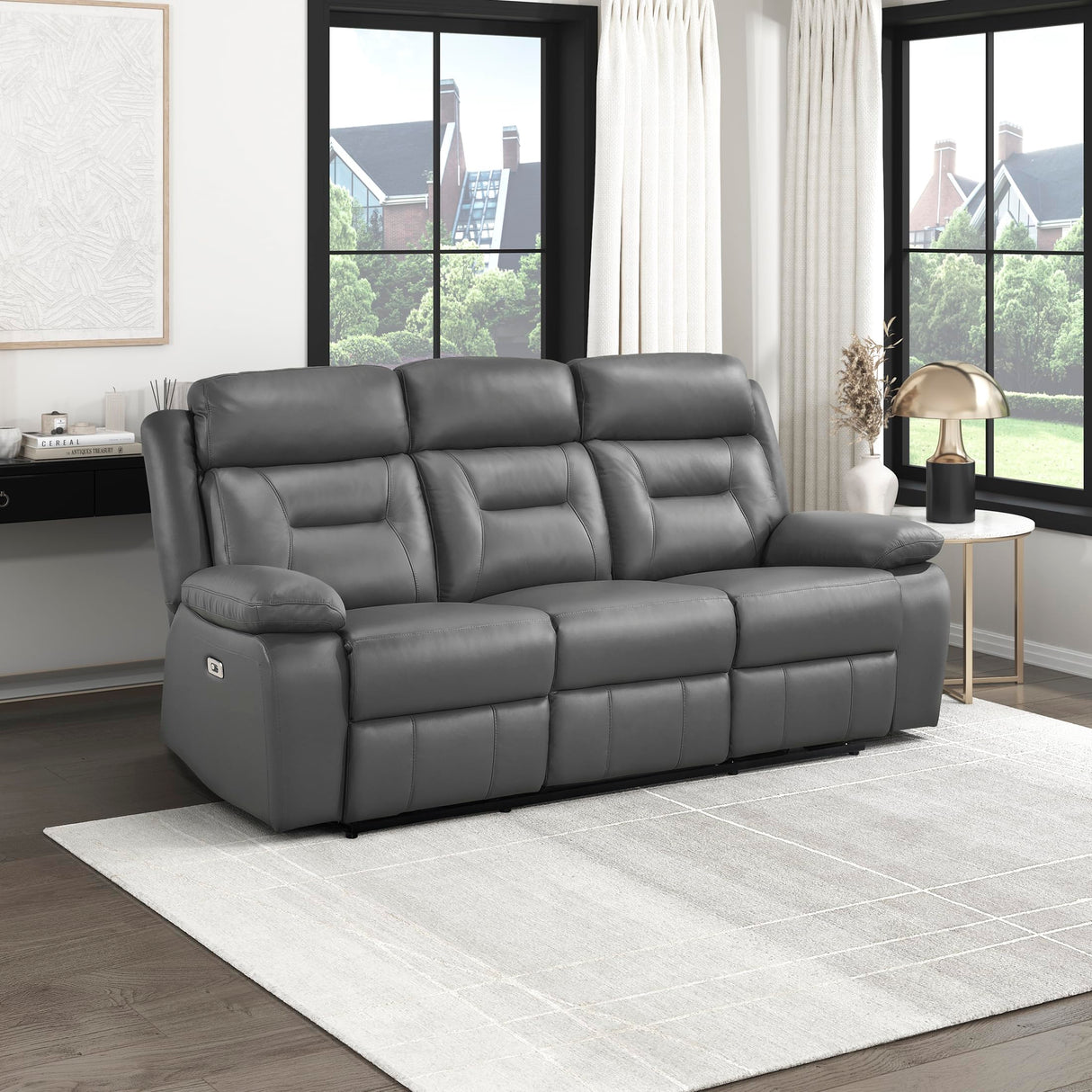 Lexicon Power Double Recliner Sofa, Top Grain Leather Match Reclining Sofa with Pillow Top Armrests, Home Theater Seating, Wall Hugger Recliner Couch with USB Port, 87" W, Dark Gray Lexicon