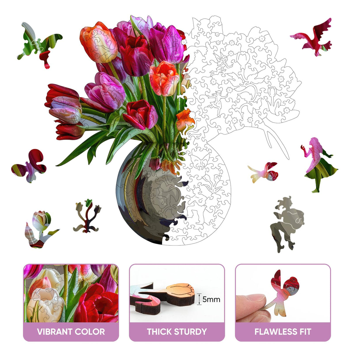 Ruikiyart Wooden Jigsaw Puzzle for Adults Colorful Tulip Vase 200Pcs Unique Shapes Jigsaw Puzzles Great Gift for Adults and Couples on Valentine's Day,Women's Day,Thanksgiving 11.1x12.4 Inches Ruikiyart