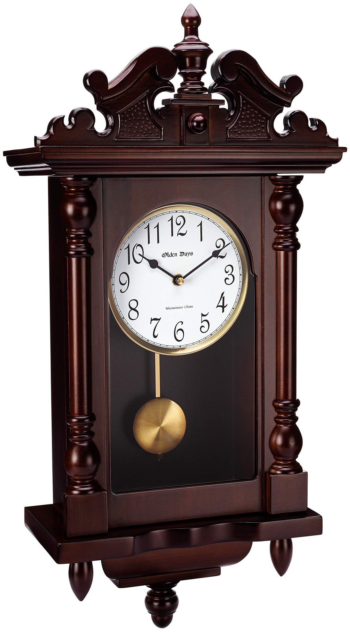 Olden Days Wall Clock with Real Wood, 4 Chime Options, Swinging Pendulum, Antique Vintage Design, 22" Large Olden Days