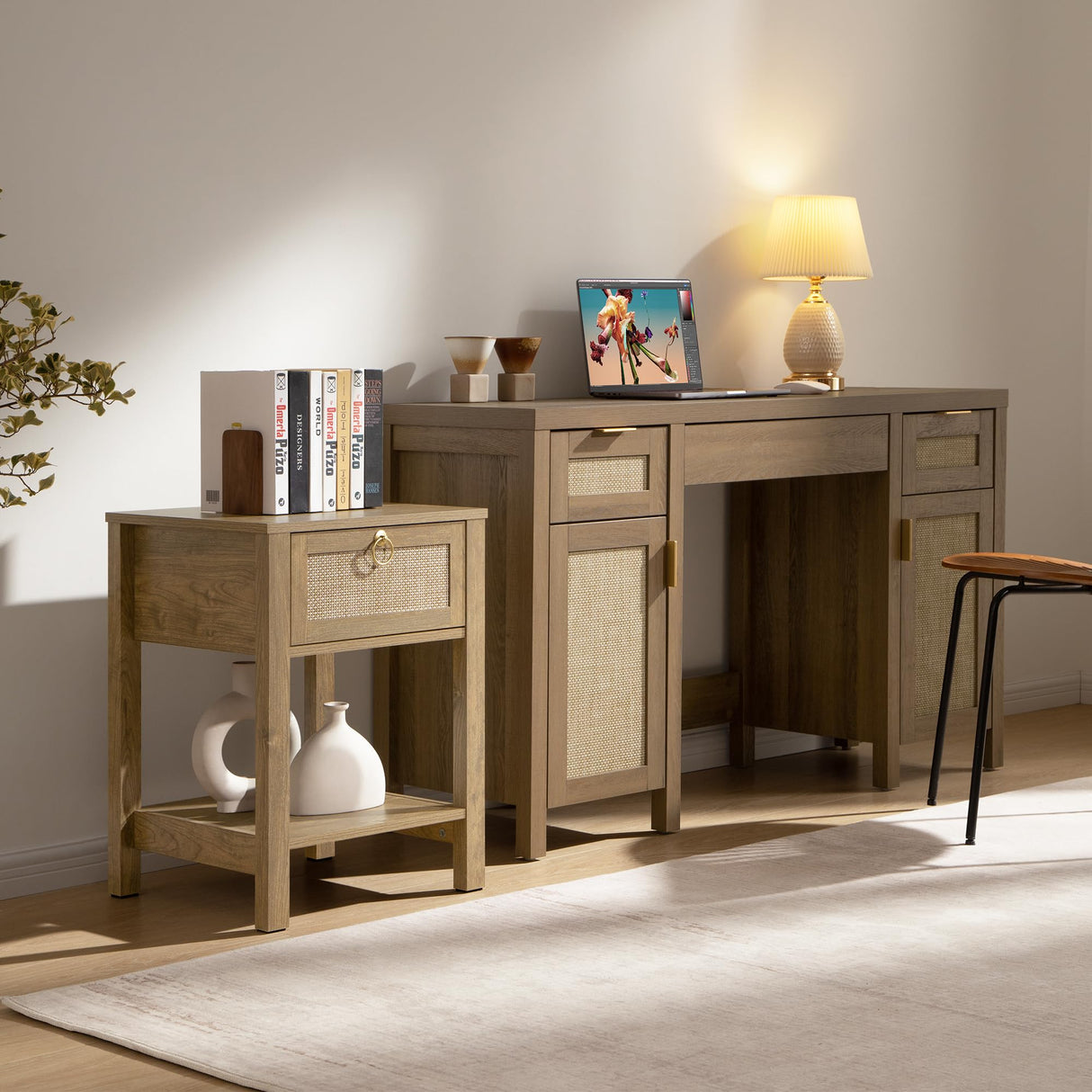 SICOTAS Nightstand Set of 2 - Rattan Decor Drawer with Brass Knobs Night Stand Bedside Table Boho End Tables Side Tables with Storage Shelf for Bedroom, Small Space SICOTAS