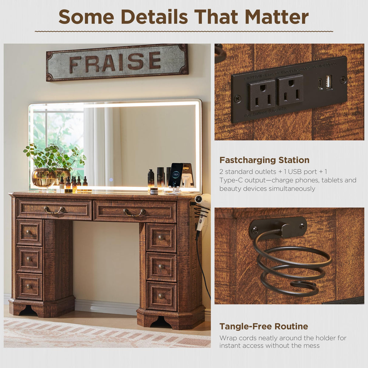 T4TREAM Makeup Vanity Desk with 48" HD Lighted Mirror, Farmhouse Vanity Desk with 8 Drawers, Vanity Table with 3 Color Modes, Dressing Table with Glass Top and Power for Bedroom(Reclaimed Barnwood) T4TREAM