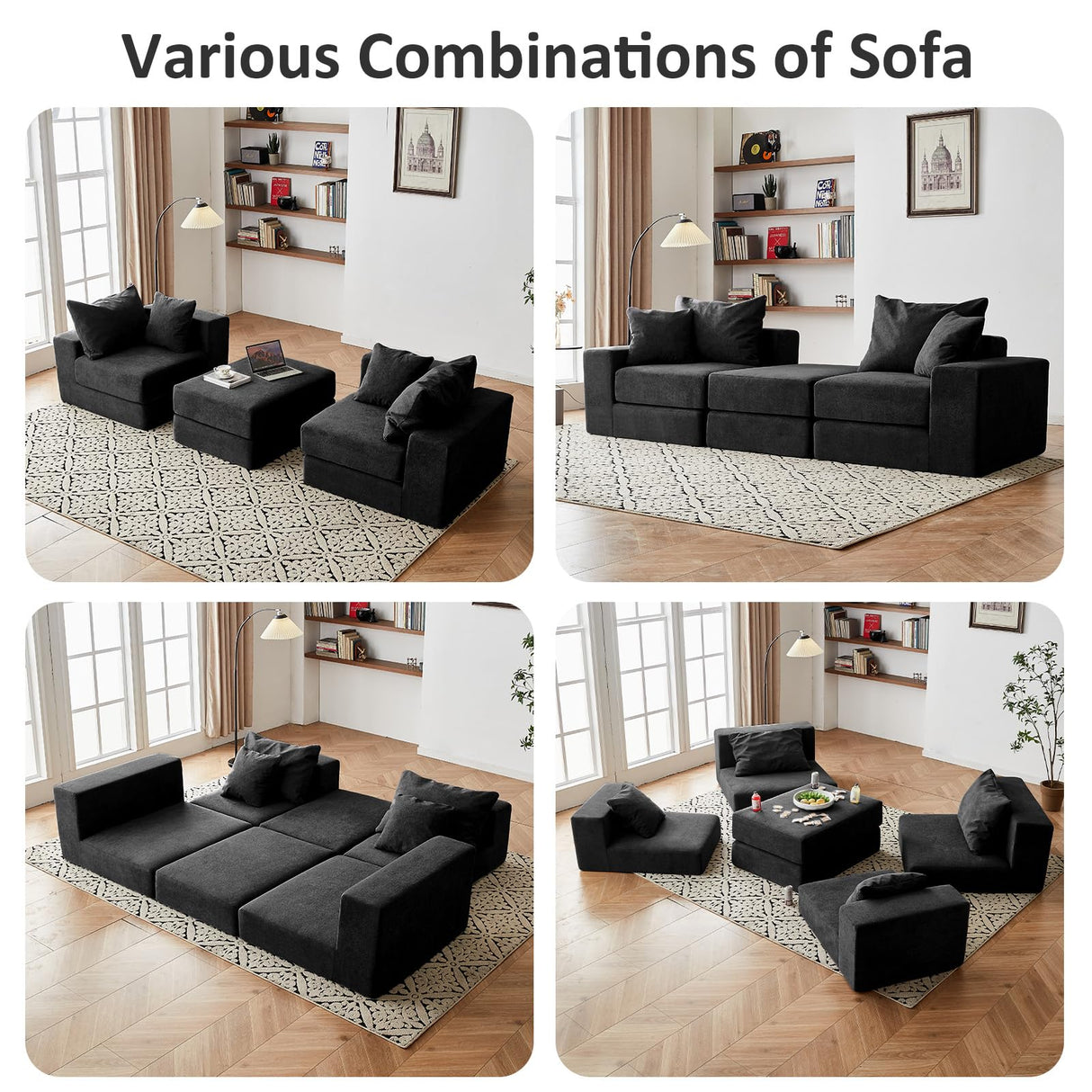 Modular Sectional Loveseat Cloud Sofa, Boneless Couch with Non Slip Base, Modern Sleeper Sofa for Customizable Living Spaces, Cozy Modular Couch with L-Shape Chaise, Deep Seat & No Assembly, Black CozyMine
