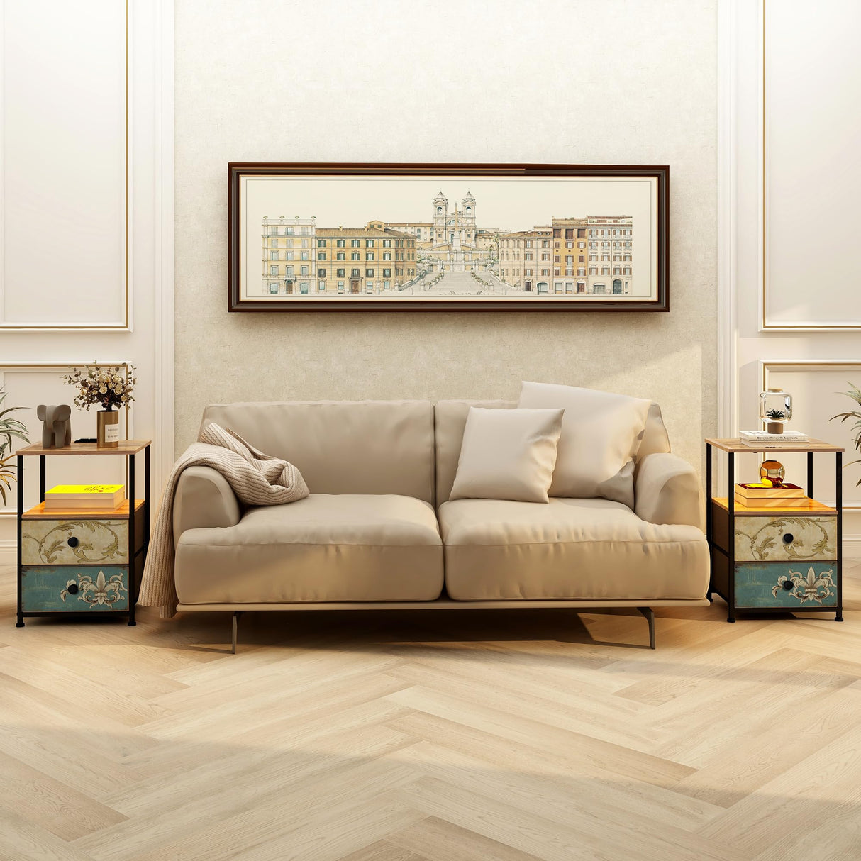 Tohomeor Nightstand with Charging Station USB Outlet and LED Light End Table Dresser with 2 Fabric Drawers Open Storage Shelf for Bedroom Living Room Sofa Beside (1, Multi) Tohomeor