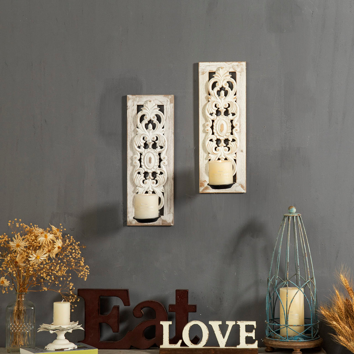 SOFE Openwork Carving Wall Candle Sconces Set of Two, Distressed Finish Wood Candle Holder Wall Decor Living Room, Rustic Farmhouse Candle Wall Sconces, Bedroom Hallway Wall Art Decoration SOFE