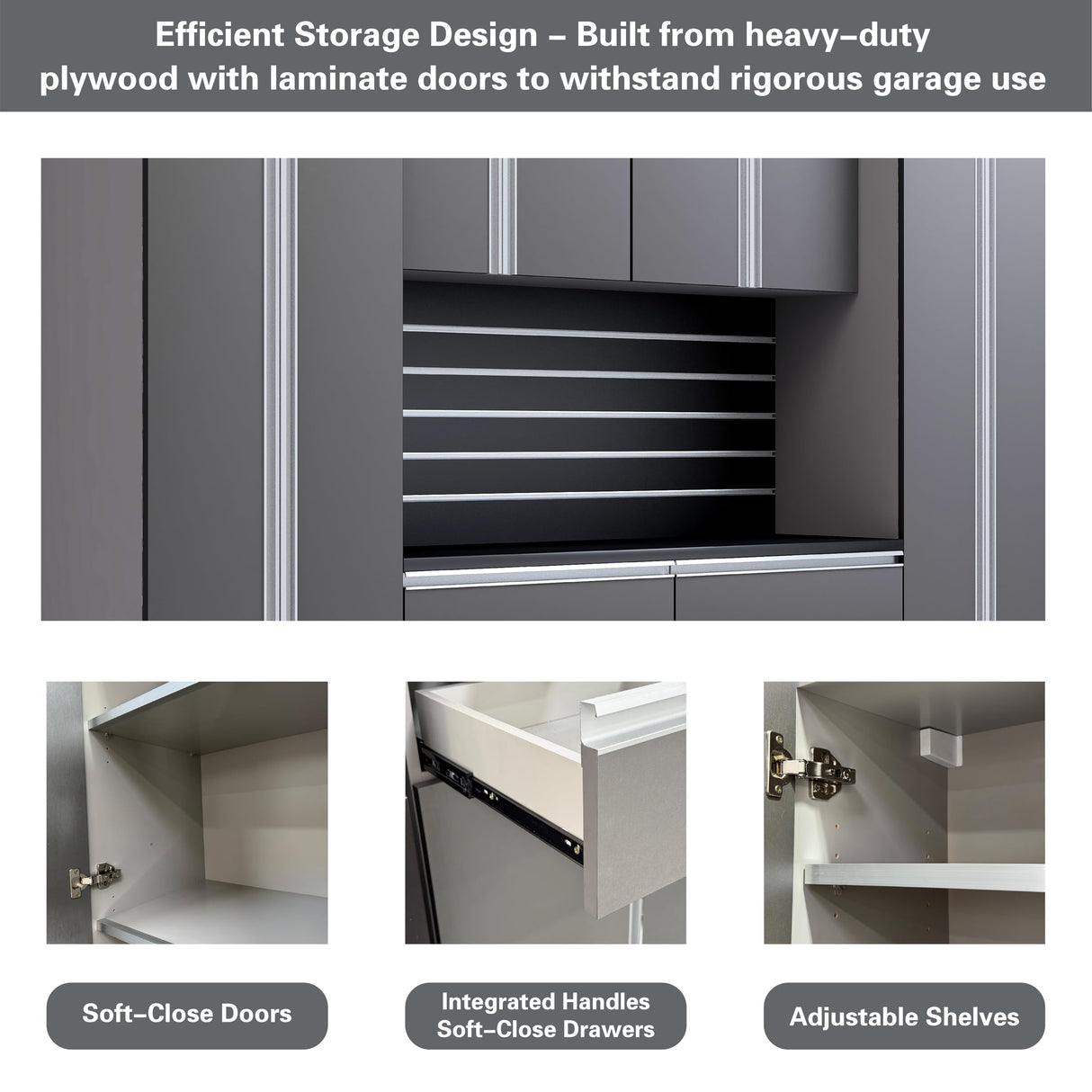 Premium Garage Cabinets 9' Storage Sets Solution with Adjustable Legs, Soft-Close Drawer & Door, Integrated Handles, Heavy Duty Plywood Box Construction, Tool and Equipment Organizer (Combo 9CS-012B) DOWNFORCE GARAGE CABINETS