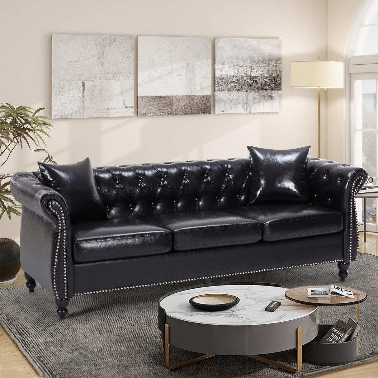 Chesterfield Sofa 83.4 " Faux Leather Couches with Gourd Wooden Legs, Deep Seat Comfy 3-Seater Upholstered Couch Button Nailhead Tufted Classic Couches for Living Room,Bedroom Easy to Assemble (Black) FEISHOMINOO