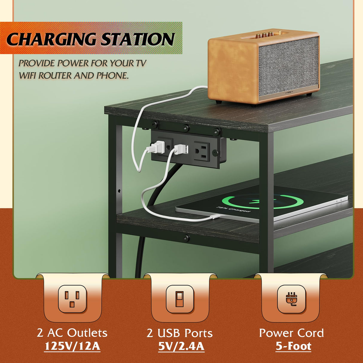 WLIVE Black TV Stand for 40, 45 inch TV, Entertainment Center with LED Lights & Charging Station, TV Media Console Table with 6 Fabric Drawers and Open Shelves for Living Room, Hallway, Wood Top WLIVE